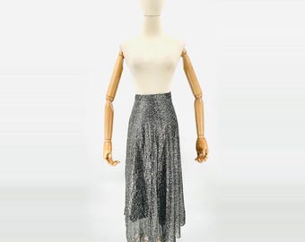 Spódnica midi Glam z lat 80., ręcznie robiona, czarno-srebrna, metaliczna