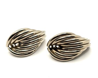 Vintage 80s Bold Sterling Silver Tubular Shrimp Swirl Hoop Clip Earrings