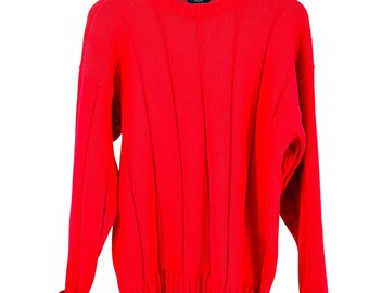 Maglione vintage anni '90 Gap rosso 100% cotone a maglia shaker con etichetta blu e scollo rotondo.