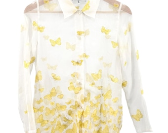 Vintage 90s Rita White Sheer Yellow Butterfly Applique Blouse Top