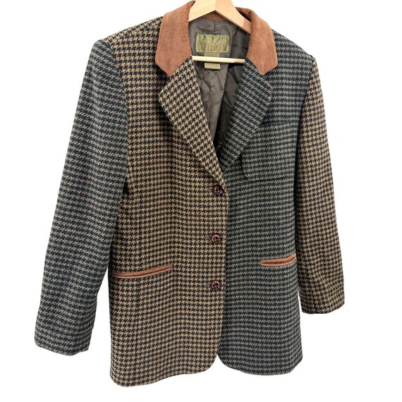 Vintage 90s JL Colebrook Tan Green Houndstooth Suede Trim Blazer