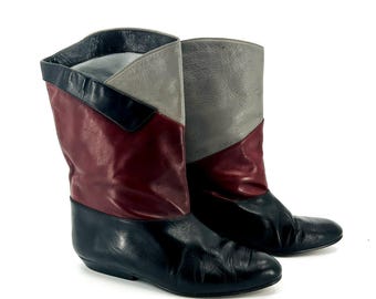 Vintage 80s Colorblock Burgundy Gray Black Leather Mid-Calf Boots