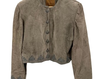 Giacca vintage anni '90 Double D Ranchwear in vera pelle scamosciata grigio caldo con borchie