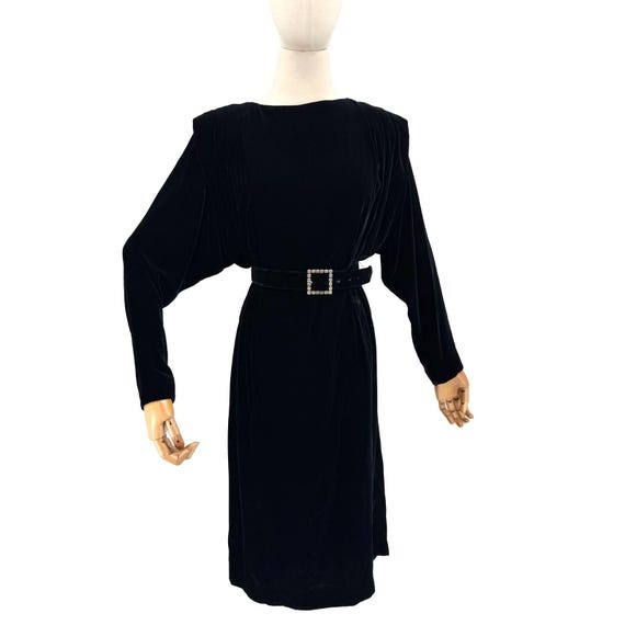 Liz Claiborne, Vintage 80s Liz Claiborne Black Velvet Power Shoulder Dress