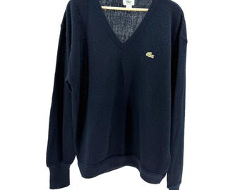 Vintage 80s Izod Lacoste Navy Blue V-Neck Orlon Acrylic Sweater