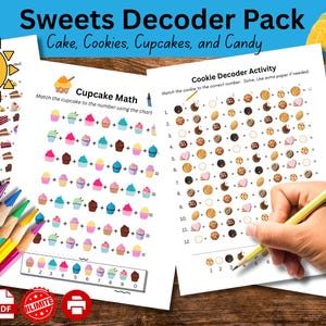 May include: A Sweets Decoder Pack featuring printable activity sheets with math problems involving cupcakes, cookies, and candy. The set includes colorful illustrations, a 4 Pack badge, and a row of colored pencils. Text includes Sweets Decoder Pack, Cupcake Math, and Cookie Decoder Activity.