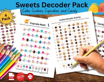 All Things Sweets Math Decoder Pack - Math Mystery Arbeitsblätter - Kuchen, Cupcakes, Süßigkeiten und Kekse - Elementary Math Centers
