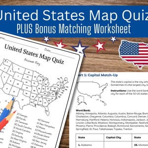 May include: A United States Map Quiz worksheet with a matching section, featuring a map outline and state names. Includes red and blue pencils, a US flag graphic, and the text "United States Map Quiz PLUS Bonus Matching Worksheet."