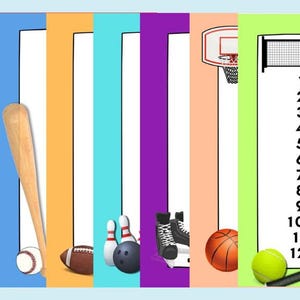 May include: A colorful educational poster featuring various sports equipment and a multiplication table for the number 3. Sports equipment includes a golf club, soccer ball, baseball bat, baseball, football, bowling pins, bowling ball, roller skates, and a basketball.