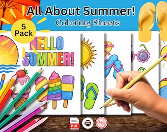 Alles über Sommer Malseiten | 5er-Pack druckbare Sommeraktivitätspaket | Malvorlagen für Kinder | Spaß für zu Hause und im Klassenzimmer