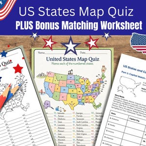 May include: A US States Map Quiz and matching worksheet set featuring printed educational materials with numbered maps of the United States, a capital city match-up table, and two colored pencils in red and blue resting on the paper sheets.