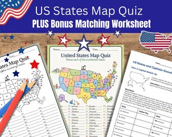 US States Map Quiz and Capital Matching Worksheet (Digital Download)