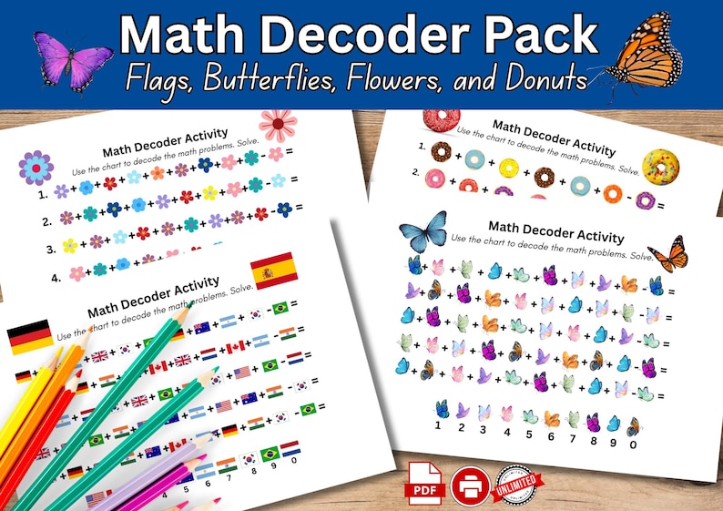 May include: A Math Decoder Pack educational activity set featuring printed worksheets with maths problems using icons of flags, butterflies, flowers, and doughnuts. The pages include colourful graphics and number keys, accompanied by several coloured pencils.