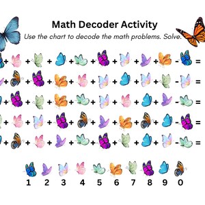 May include: A Math Decoder Activity worksheet featuring rows of butterfly illustrations used as variables in addition and subtraction equations. A key at the bottom assigns numbers zero through nine to specific butterfly colours and patterns.