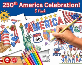 Amerika 250.Geburtstagsfeier Ausmalseiten - 8 Malvorlagen zum Ausdrucken - Journaly USA Aktivitäten Paket - 4. Juli Kinder PDF