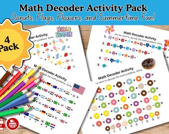 Math Decoder Sheets Bundle - 4 druckbare geheime Code-Aktivitäten für Kinder | Homeschool Mathespiele | Morgenarbeit für das Klassenzimmer