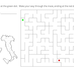 Pode incluir: Um quebra-cabeça de labirinto em preto e branco com o texto "Comece no ponto verde. Percorra o labirinto, terminando no ponto vermelho." Um mapa da Itália está à esquerda. Há um espaço para um nome acima do labirinto.