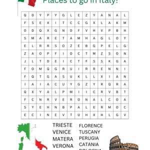 Pode incluir: Um jogo de palavras cruzadas intitulado "Places to go in Italy!" com uma grade de letras e uma lista de cidades italianas. Inclui um mapa da Itália e uma ilustração do Coliseu. Uma bandeira italiana está no canto superior esquerdo.