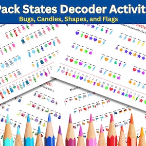 May include: A set of four educational activity sheets with the title "4-Pack States Decoder Activities". The sheets feature colorful illustrations of bugs, candies, shapes, and flags, along with letter decoding exercises. Colored pencils are in the foreground.