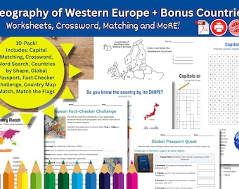 Geographie-Paket – Europäische Länder plus BONUS-Länder – Arbeitsblätter, Wortsuche und mehr!