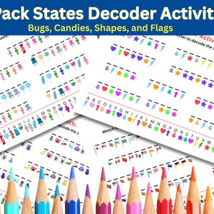 May include: A collection of four educational activity sheets with the title "4-Pack States Decoder Activities". The sheets feature colorful illustrations of bugs, candies, shapes, and flags, along with corresponding letter codes. A set of colored pencils are at the bottom.