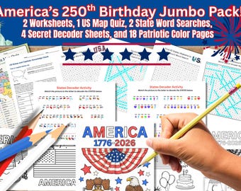 Amerika 250.Geburtstags-Jumbo-Pack | Arbeitsblätter, Karten-Quiz, Geheime Codes & Ausmalseiten