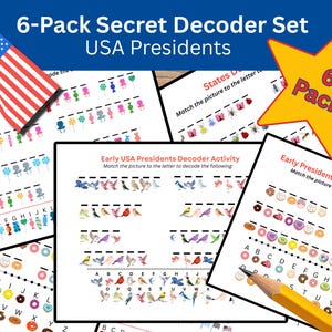 May include: A 6-Pack Secret Decoder Set featuring USA Presidents. The set includes multiple pages with matching picture to letter activities. The image also shows a waving American flag and a yellow star with the text "6 Pack".