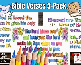 Bibel Vers Malseiten Bundle | Johannes 3-16 | Zahlen 6-24-26 | Baruch Atah Adonai | Druckbare christliche und hebräische Kunstaktivität