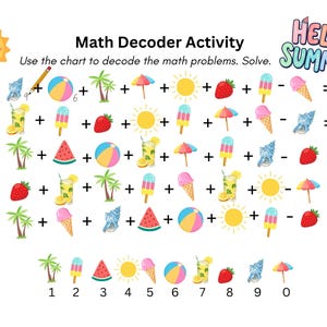 Op de afbeelding: Een Math Decoder Activity werkblad getiteld Hello Summer met vijf wiskundige opgaven die gebruikmaken van kleurrijke zomerse iconen zoals palmbomen, ijsjes, schelpen en strandballen, inclusief een legenda met de cijfers nul tot en met negen.