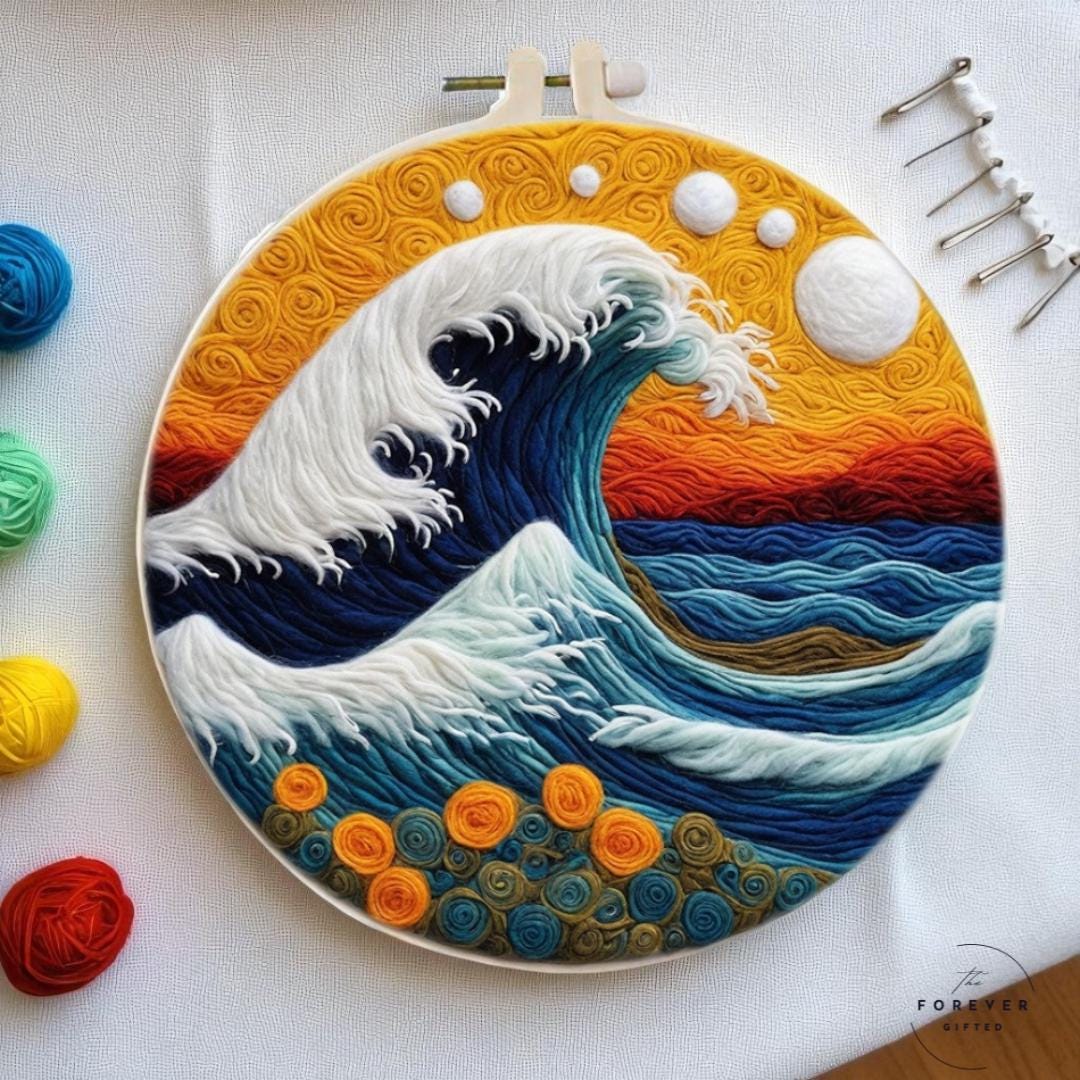 Great Wave Embroidery Kit for Beginners, Sunset Sea Landscape DIY Wool ...