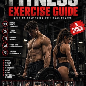May include: A BarbellStudio fitness exercise guide featuring the text Build Discipline A Stronger You, Fitness Exercise Guide, and 8 Essential Exercises. It includes icons for techniques, muscles, mistakes, and sets, plus photos of eight exercises.