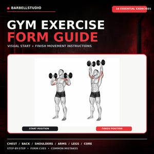 May include: A gym exercise form guide poster titled BARBELLSTUDIO 16 ESSENTIAL EXERCISES. It features a visual demonstration of a dumbbell overhead press with a start and finish position, highlighting shoulder muscle engagement in red.