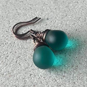 Copper Czech glass earrings, teal green sea glass, teal earrings, sea glass jewelry