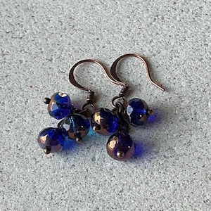 Sapphire Czech Glass Copper Earrings: Dainty Shimmery Rondelles