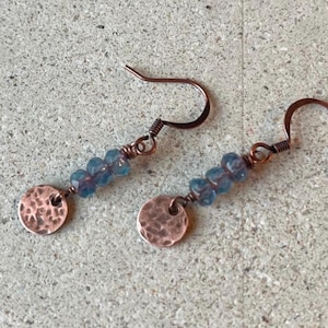 Copper and Czech glass  earrings, tiny copper earrings, full moon earrings