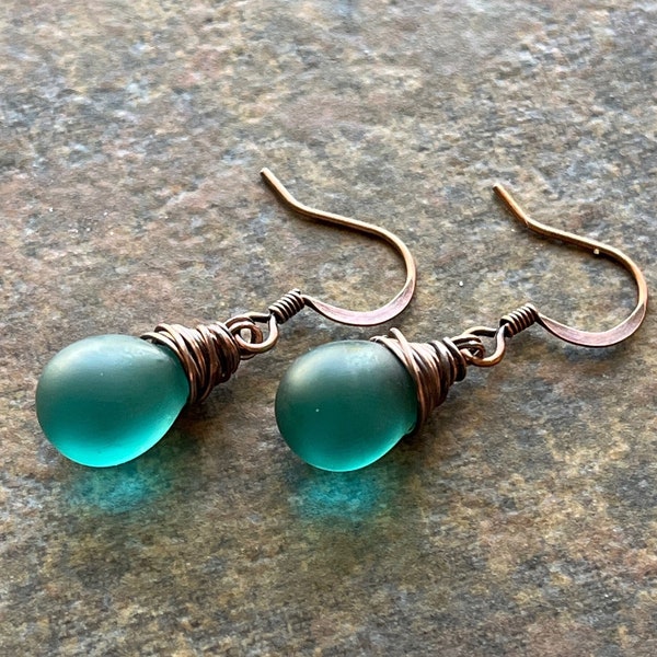 Copper Czech glass earrings, teal green sea glass, teal earrings, sea glass jewelry