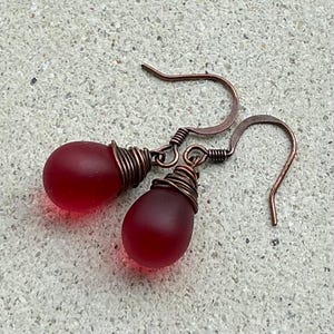 Czech glass earrings, cultured sea glass earrings, red earrings, teardrop earrings