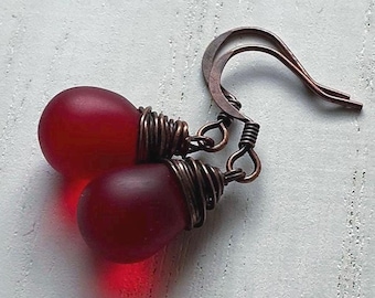 Red Czech Glass Teardrop Earrings: Oxidized Copper Wire Wrapped Jewelry