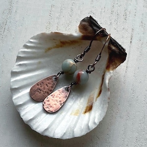Hammered Copper Jasper Earrings: Rustic Copper Teardrops