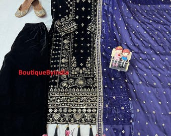 Embroidered Velvet Pakistani Indian Wedding Dress: Shalwar Kameez Palazzo Suit