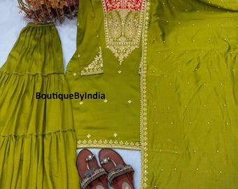 Pakistani Salwar Kameez Embroidered Crushi Silk Sharara Suit with Dupatta