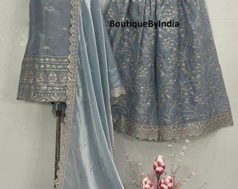 Embroidered Organza Sharara Palazzo Suit:  Designer Wedding Wear