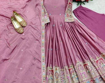 Vestido Anarkali bordado em seda Cinon, traje indiano para festas.