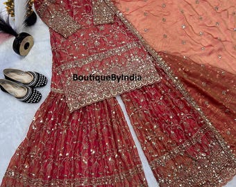 Pakistani Salwar Kameez Embroidered Crushi Silk Sharara Suit with Dupatta