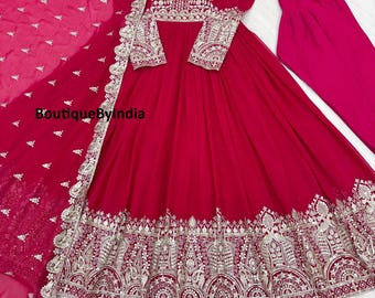 Red Anarkali Dress with red Dupatta – Traditional  Faux Georgette – Pakistani Indian Wedding Wear