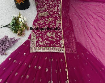 Embroidered Georgette Palazzo Suit: Pink Gharara, Dupatta Wedding Salwar Kameez