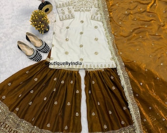 Broderat Crepe Silk Plaza Set, Pakistansk Salwar Kameez, Bröllopsklänning