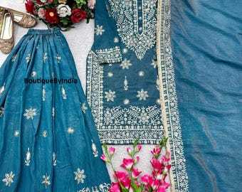 Embroidered silk Kurta Palazzo Suit: Pakistani Designer Partywear