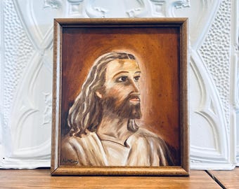 Hand-Painted Wood Panel Portrait of Christ, Signed Ada McCurdy 1983, Framed Devotional Art