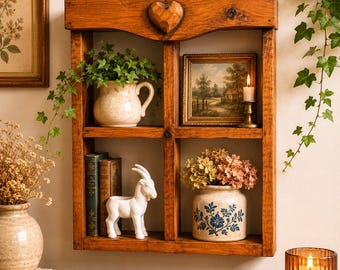 Vintage Wooden Wall Shelf | Carved Heart Cottagecore Display Decor